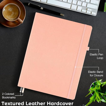 College Ruled Notebook, A4 Hardcover Leather Notebook for Work, Lined Notebook Journal for Women, Men, 192 Thick Paper, 8.5" x 11", Large Notebook with Pockets, Professional Business Notebook, Pink