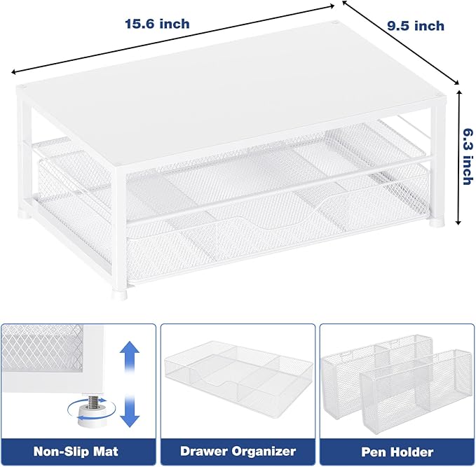 Desk Organizers and Accessories, 2-Tier Computer Monitor Stand for Desk Organizer with Drawer and 2 Pen Holders, Office Desk Accessories Workspace Desktop Organizers for Office Supplies, White