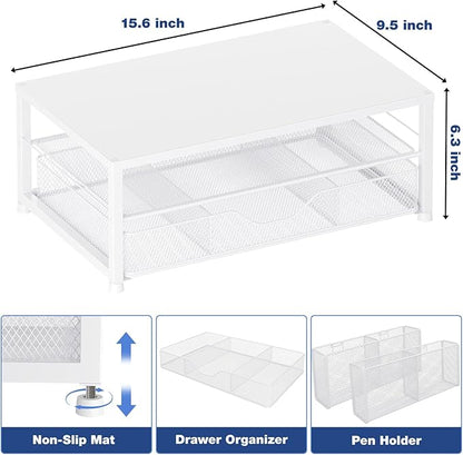 Desk Organizers and Accessories, 2-Tier Computer Monitor Stand for Desk Organizer with Drawer and 2 Pen Holders, Office Desk Accessories Workspace Desktop Organizers for Office Supplies, White