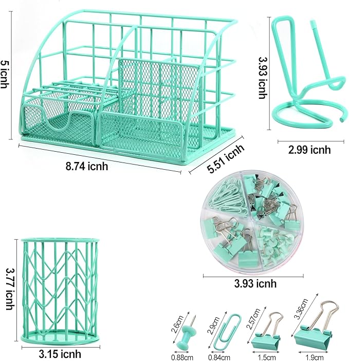 JUOPIEA Desk Organizers and Accessories Office Supplies Organizer with Pen Holder, 72 Clips Set and Phone Stand, Metal Mesh Desktop Organizers with Drawer for Home, Office, School Ect