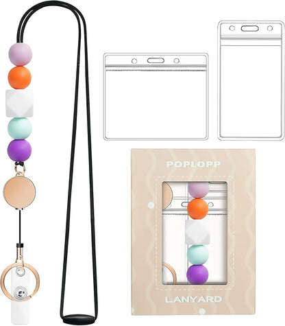 Retractable Lanyards for ID Badges and Keys, Cute Breakaway Teacher Lanyard with Badge Holders and Reels, Silicone Beaded Lanyard for Women, Nurses, Office with 2 Waterproof Card Holders