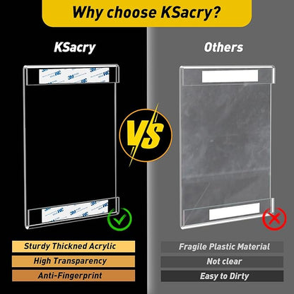 12 Pcs Acrylic Sign Holder 5 x 7, Vertical Wall Mount Sign Holders with 3M Adhesive, Clear Plastic Frames Paper Display Sign Holders for Office, Home, Store, Restaurant - No Drilling