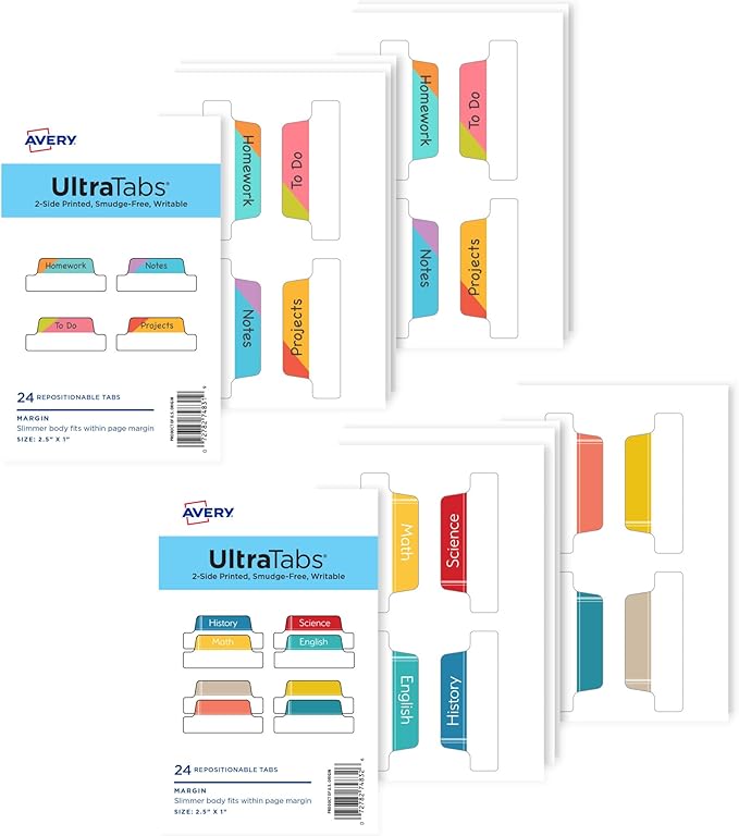 Avery Ultra Tabs Bundle, Student and School Subject Tabs, 2.5" x 1" Margin Tabs, 2-Side Printed, 48 Sticky Tabs (74903)