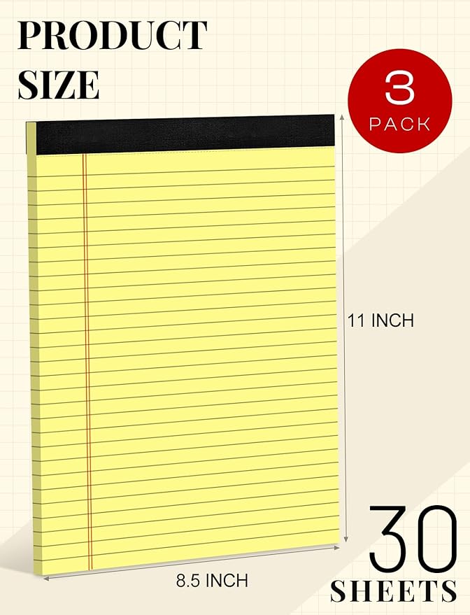 Yellow Legal Pads 8.5 x 11 Writing Pads Yellow Note Pads 8.5 x 11 Perforated Wide Ruled Lined Notepads Pads of Paper 3 Pack Yellow Pads 30 Sheets Per Notebook Legal Notepads for Office, Home, School