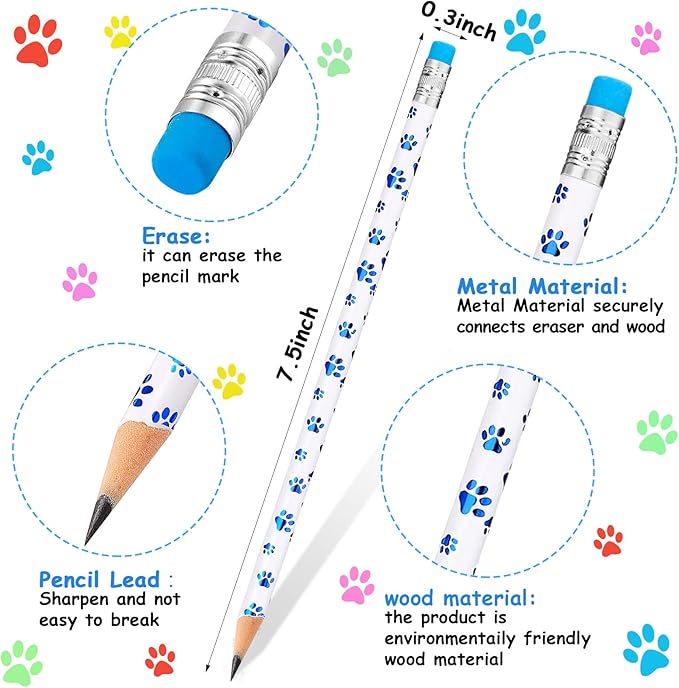 Chinco 36 Pieces Paw Print Pencils Dog Paw Wooden Writing Novelty Pencils with Erasers for Kids Doggy Party Favors Welcome Back to School Party Supplies, 6 Colors