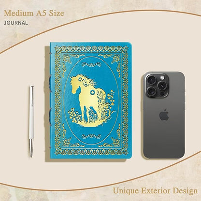 Light Blue A5 Horse Gifts for Women Girls Faux Leather Vintage Notebook Inspirational Horse Trainer Gift Hardcover Executive Notebook,200 Pages 120 Gsm Thick Ruled Paper With Pen,Horse Lover Gifts Equestrian Gift (Horse Light Blue)