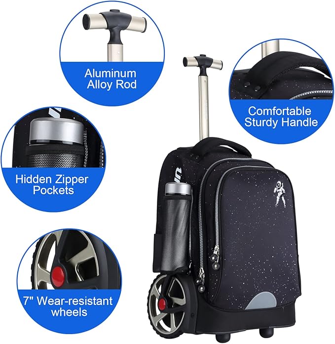 UNIKER Rolling Backpack without Straps for Boys, Roller Travel Bag,Wheeled Bookbag High School,Trolley Middle School Bag for Teens,Schoolbag with Wheels