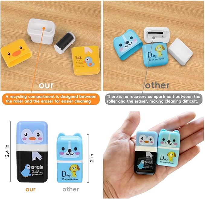 12Pack of Pencil Erasers,Pencil Eraser Shaving Roller Case for Easy Pick Up and Removal | Animal Themed Cute and Fun Party Favor and School Supplies for Kids,Back to School Gift