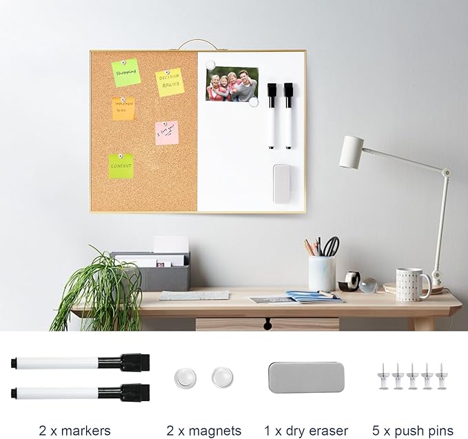 TSJ OFFICE Small Combination Board - 12" X 16" Portable Aluminum Gold Framed Magnetic Dry Erase Board for Wall, Small Bulletin Cork Board with Holder for Office, Home and School