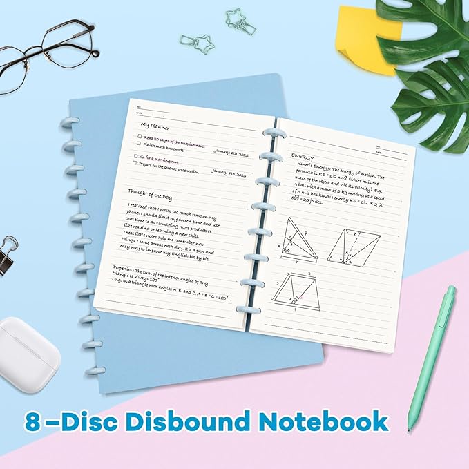 Discbound Notebook, 8-Disc Disbound Planner with Removable Pages, 180 Pages Spiral Notebook, Poly Cover Discbound Planner for Work, Travel, Note Taking(With Index Sticker),Blue,A5