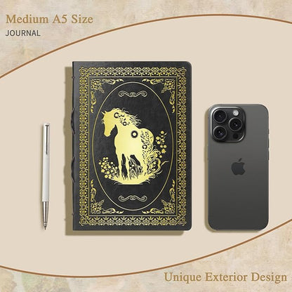 Black A5 Horse Gifts for Women Girls Faux Leather Vintage Notebook Inspirational Horse Trainer Gift Hardcover Executive Notebook,200 Pages 120 Gsm Thick Ruled Paper With Pen,Horse Lover Gifts Equestrian Gift (Horse Black)