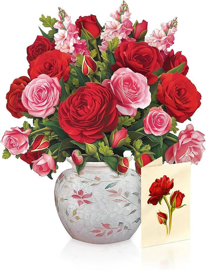 Freshcut Paper Pop Up Cards, Blooming Roses, 12 Inch Life Sized Forever Flower Bouquet 3D Popup Greeting Cards, Valentine's Day, Anniversary Card, Blank Notecard & Envelope