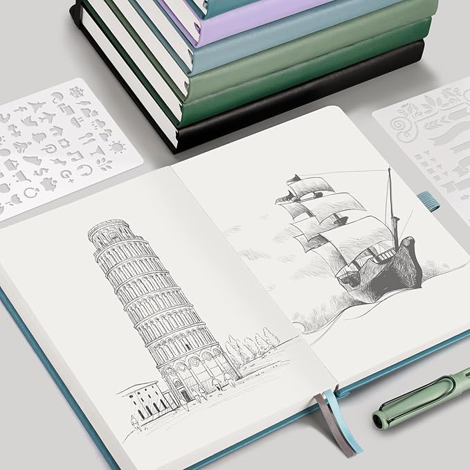 EMSHOI Blank Notebook Journal - 320 Pages, 100gsm Thick Paper, A5 Hardcover Leather, Art Sketchbook for Drawing, Unlined, Plain Sketch Book for Women Men Work Writing, 5.75 X 8.38, GrayBlue