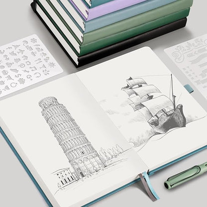 EMSHOI Blank Notebook Journal - 320 Pages, 100gsm Thick Paper, A5 Hardcover Leather, Art Sketchbook for Drawing, Unlined, Plain Sketch Book for Women Men Work Writing, 5.75 X 8.38, Light Blue