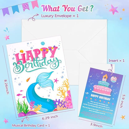 Birthday Card with Light&Music, Mermaid 3D Pop up Greeting Cards with Blowable Candle Birthday Gifts for Women Girls Daughter Sister Kids