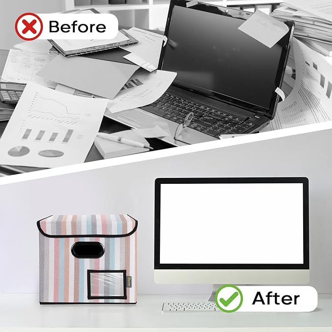 BALEINE File Organizer Box with Lid, Collapsible File Folder Organizer with Plastic Slide, Hanging File Folder Box for Office Document Storage (2 Pack, Color Stripe)