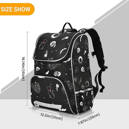 Goth Skull Cat Backpack with Reflective Strip for Kids Boys Girls Elementary School Bag Removable Chest Strap