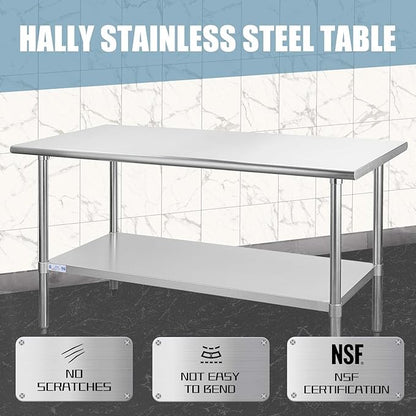HALLY Stainless Steel Table for Prep & Work 30 x 60 Inches, NSF Commercial Heavy Duty Table with Undershelf and Galvanized Legs for Restaurant, Home and Hotel