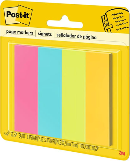 Post-it Page Markers, Assorted Colors, 1 in x 3 in, 50 Sheets/Pad, 4 Pads/Pack (671-4AU)