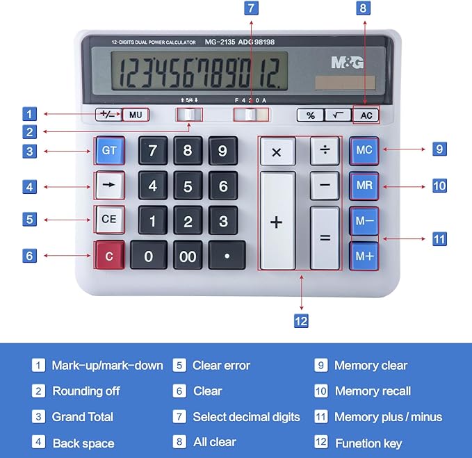 M&G Desktop Calculator 12 Digits Extra Large LCD Display, Dual Solar Power and Battery, Mechanical Calculator with Big Buttons, Battery Include, Basic Financial Calculator for Office Home School