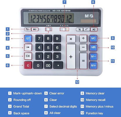 M&G Desktop Calculator 12 Digits Extra Large LCD Display, Dual Solar Power and Battery, Mechanical Calculator with Big Buttons, Battery Include, Basic Financial Calculator for Office Home School
