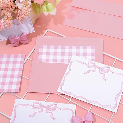 24 Pack Bow Stationery Cards with Envelops Blank Thank You Note Cards Cute Pink Ribbon Bow Plaid Greeting Cards for Wedding Birthday Bridal Baby Shower