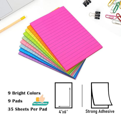 9 Pack Lined Sticky Notes 4x6 in Post Sticky Notes with Lines, 9 Bright Colors Large Ruled Post Sticky Colorful Super Sticking Power Memon Pads, Sticky Notes 4x6 for Office, Home, 35 Sheets/Pad