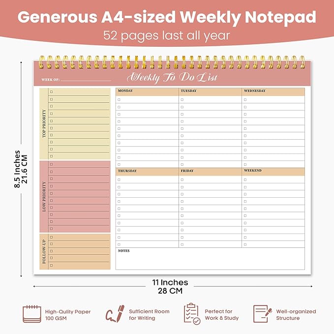 Weekly To Do List Notepad with 52 Undated Sheets（8.5"×11"）- Undated Weekly Planner Notepad for Office Desk Accessories and Supplies - Sunshine Petal