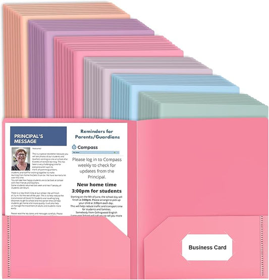48 Pack Colored File Folders with Pockets and Business Card Holder, Pastel Decorative Pocket Folders for Documents, Cute Plastic Folders for Filing Cabinet, School, Office, Resume Portfolio