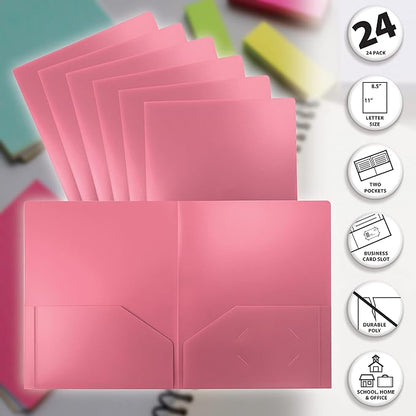 Better Office Products Heavyweight Plastic 2 Pocket Portfolio Folder, Letter Size Poly Folders, 24 Pack (Pink)