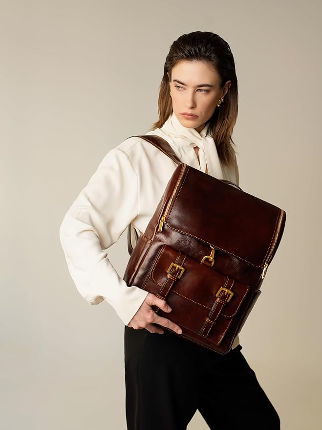 Time Resistance Leather Backpack - Business Backpack - Vintage Laptop Backpack 15.6 inch - Weekender Backpack Made in Italy