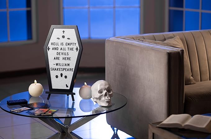 Coffin Letter Board White With Spooky Emojis +500 Characters, and Wooden Stand - 17x10.5 Inches - Gothic Halloween Decor Spooky Gifts Decorations