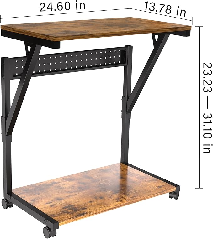 Computer Tower Cart - Height Adjustable PC Stand, 2-Tier ATX-Case CPU Holder Home Office Gaming Desk Accessories with Rolling Lockable Wheels, Laptop Table Standing Computer Desk, Rustic Brown