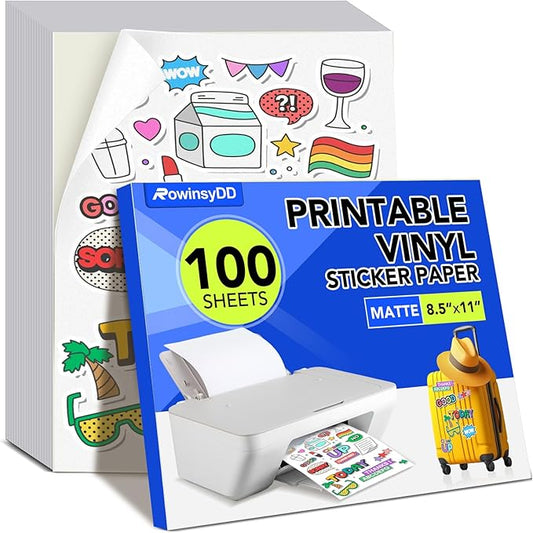 100 PCS Printable Vinyl Sticker Paper for inkjet printer & Laser Printer,Standard Letter Size 8.5"x11",Waterproof Sticker Paper Dries Quickly Vivid Colors,Matte White