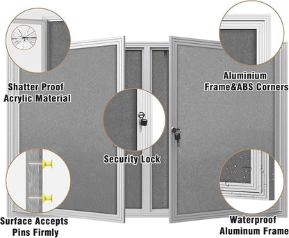 48"x30" Enclosed Bulletin Board, Outdoor Lockable Weather-Resistant Aluminum Cork Noticeboard for School & Office, Silver Frame w/Grey Flet
