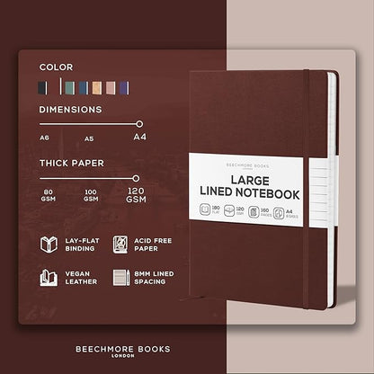 BEECHMORE BOOKS Lined Journal Notebook, 8.5 x 11.5 inch, A4 160 Lined Pages, Hardcover Leather Journals for Women, Men, Writing and Notebooks for Work - 120 GSM Thick Paper, Gifts Box Included (Chestnut Brown)