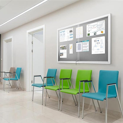 SWANCROWN Enclosed Locking Bulletin Board Gray Fabric Message Board with Sliding Glass Doors,for Indoor Use,48"x34"