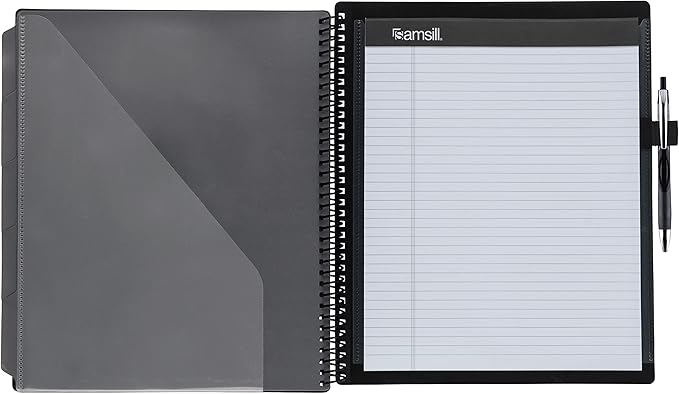 Samsill 10 Pocket Poly Organizer with 5 Dividers, File Folders Letter Size, Refillable Notepad, Customizable Front Cover, Erasable Write-On Tabs, Pen Loop, Plastic Folders with Pockets, Gray