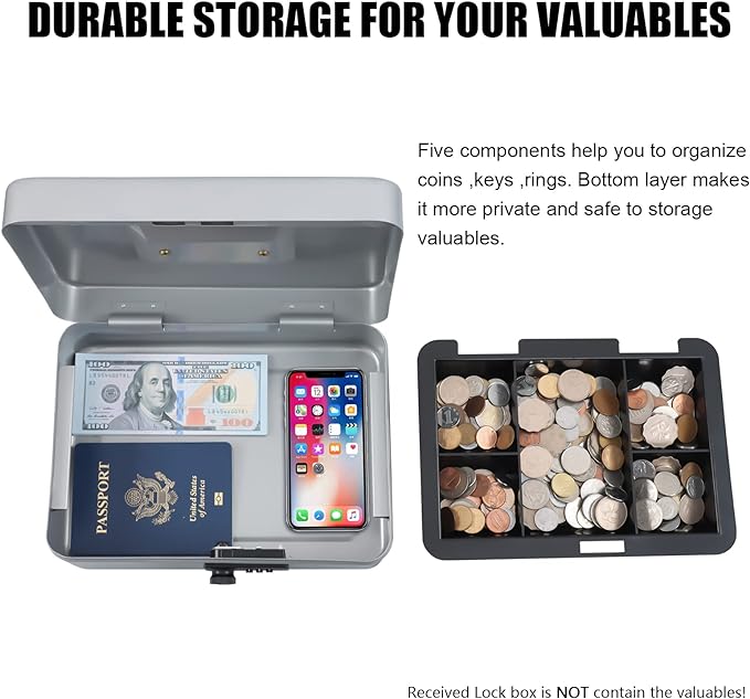 KYODOLED Large Cash Box with Combination Lock,Safe Metal Box for Money, Storage Lock Box with Money Tray,9.84"x 7"x 3.54" Lightgrey Large