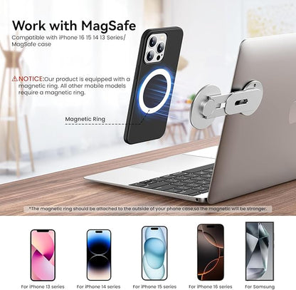 Magnetic Phone Holder for Laptop for MagSafe for iPhone 16/15/14/13/12 & All Phones, 180°Adjustable Phone Side Mount for Computer Monitor for Tesla, Desktop Cell Phone Bracket (Silver)