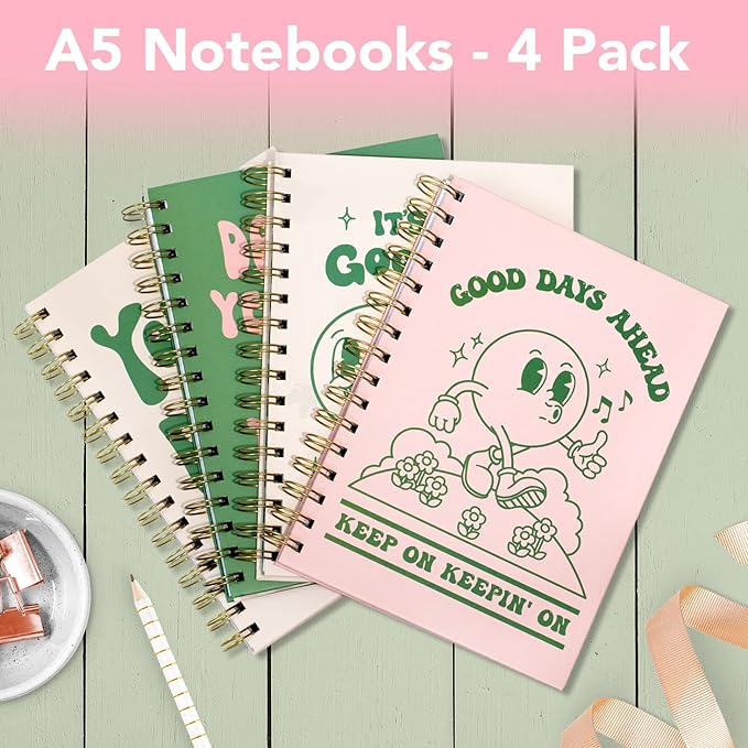 Pink Green Aesthetic Hardcover Notebooks for Work, A5 size 5.8 x 8.3 inch, Cute Notebooks for School 4 Pack, Retro Notebooks College Ruled, Cute Spiral Journal for Women, Kids Back to School Notebook