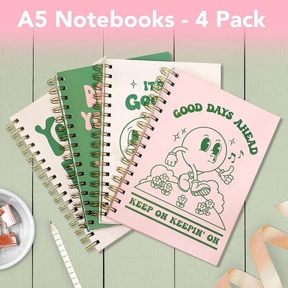 Pink Green Aesthetic Hardcover Notebooks for Work, A5 size 5.8 x 8.3 inch, Cute Notebooks for School 4 Pack, Retro Notebooks College Ruled, Cute Spiral Journal for Women, Kids Back to School Notebook