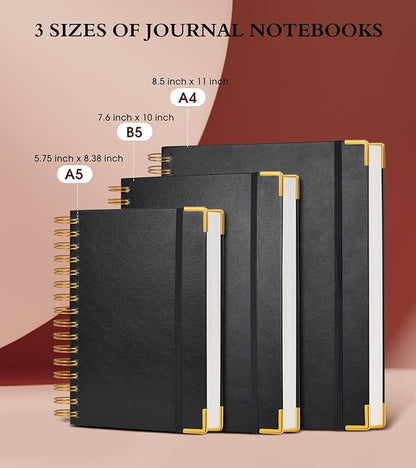Spiral Notebook Journal 7.6” x 10”, 300 Pages Hardcover Leather Lined Journals for Women Men, B5 Large College Ruled Notebooks with 100 GSM Thick Paper, Spiral Journal for Writing Work School, Black