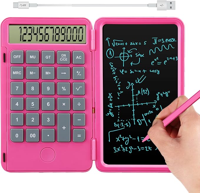Hion Calculators,12-Digit Large Display Rechargeable Pocket Office Desktop Calculator with Erasable Wiriting Tablet,Mute Basic Desk Calculators with Doodle Pad for Student Home School,Pink