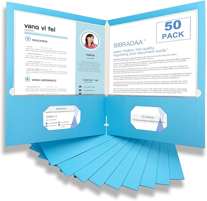 BIBRADAA® 50 Packs Blue Folders with Pockets,File Folder with Pockets Fit Letter Size Paper,File Folders Letter Size,Durable Paper Folders for School, Office, Business. (50, Light Blue)