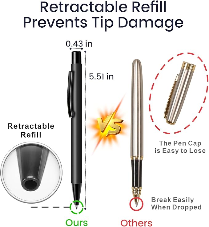 Cambond Ballpoint Pens Black Pens - Metal Pen Retractable Ink Pens for Journaling Business Police Men Flight Attendant 1.0mm Medium Point Smooth Writing, 5 Pen with 5 Refills (Black)