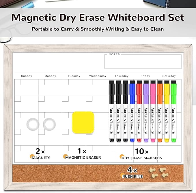Monthly Whiteboard Calendar & Corkboard for Wall, Magnetic 17"x13" Dry Erase Board with White Wood Framed, 2in1 White Board Cork Board Combo, Calendar Bulletin Board for Kitchen Planner Memo Office