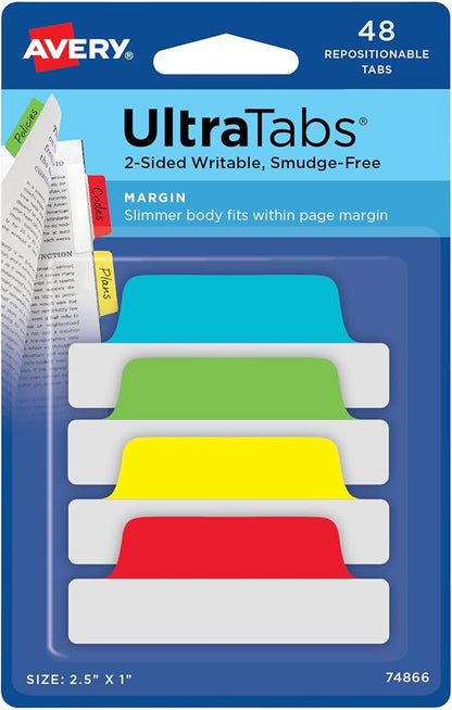 Avery Margin Ultra Tabs, 2.5" x 1", 2-Side Writable, Assorted Colors, 48 Repositionable Page Tabs (74866)