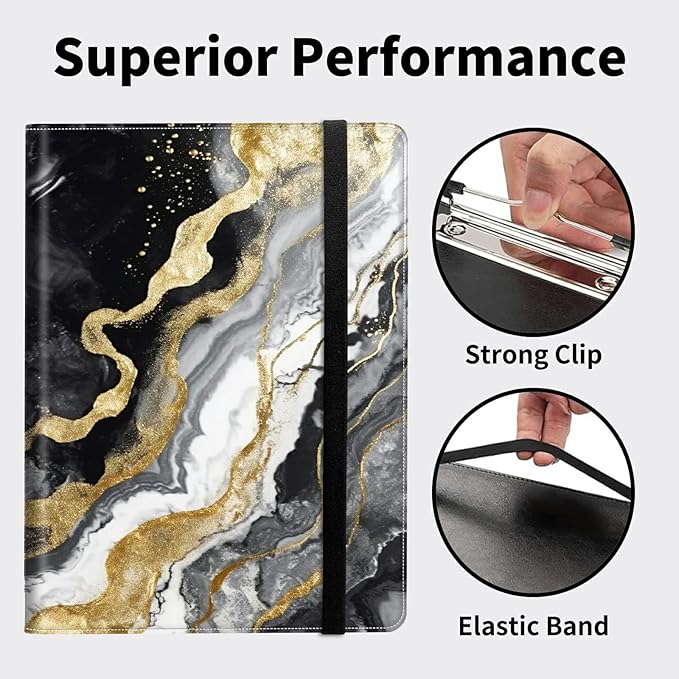 Padfolio Folder with Clipboard,Portfolios Organizer Clipboards with Storage Clipboard Writing Pad PU Leather Conference Document Organizer with Business Card Holder,Black Gold Marble