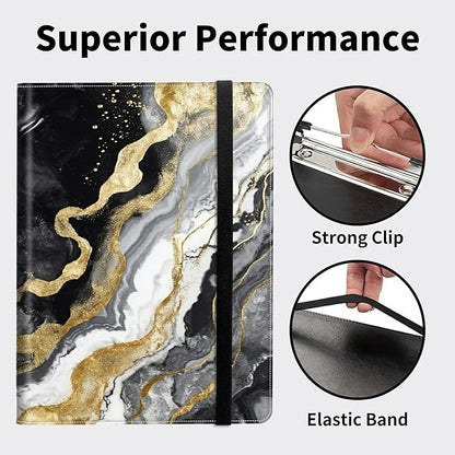 Padfolio Folder with Clipboard,Portfolios Organizer Clipboards with Storage Clipboard Writing Pad PU Leather Conference Document Organizer with Business Card Holder,Black Gold Marble